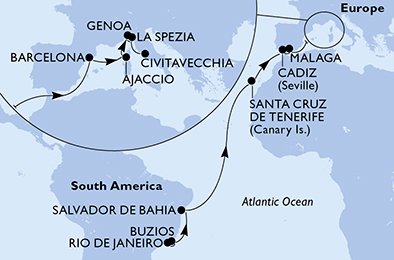 crociera msc UEYL itinerario della crociera in
brasile, spagna, francia, italia su MSC SEAVIEW