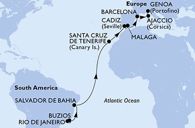 crociera msc UEYM itinerario della crociera in
brasile, spagna, francia, italia su MSC SEAVIEW