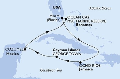 immagine dell´itinerario della crociera in usa, giamaica, isole cayman, messico, bahamas a bordo di 
											MSC SEASIDE con partenza da Miami il 26/09/20