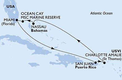 immagine dell´itinerario della crociera in usa, porto rico, isole vergini (usa), bahamas a bordo di 
											MSC SEASIDE con partenza da Miami il 11/07/20