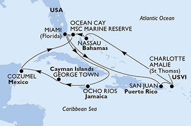 immagine dell´itinerario della crociera in usa, porto rico, isole vergini (usa), bahamas, giamaica, isole cayman, messico a bordo di 
											MSC SEASIDE con partenza da Miami il 11/07/20