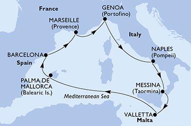 crociera msc UF3M itinerario della crociera in
spagna, francia, italia, malta su MSC GRANDIOSA