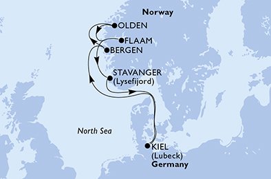 immagine dell´itinerario della crociera in germania, norvegia a bordo di 
											MSC SPLENDIDA con partenza da Kiel il 26/07/20