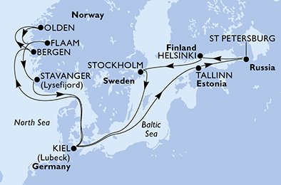 immagine dell´itinerario della crociera in germania, estonia, russia, finlandia, svezia, norvegia a bordo di 
											MSC SPLENDIDA con partenza da Kiel il 02/08/20