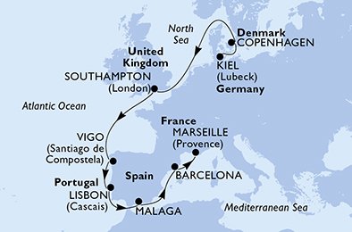 immagine dell´itinerario della crociera in germania, danimarca, regno unito, spagna, portogallo, francia a bordo di 
											MSC SPLENDIDA con partenza da Kiel il 17/09/20