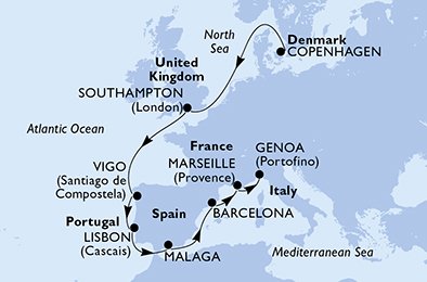 immagine itinerario della crociera in danimarca, regno unito, spagna, portogallo, francia, italia a bordo di msc splendida