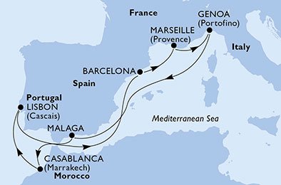 immagine dell´itinerario della crociera in Spagna, Francia, Italia, Marocco, Portogallo a bordo di 
							MSC SPLENDIDA