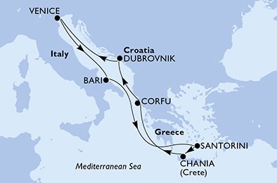 immagine dell´itinerario della crociera in italia, grecia, croazia a bordo di 
											MSC MAGNIFICA con partenza da Venezia il 02/10/20