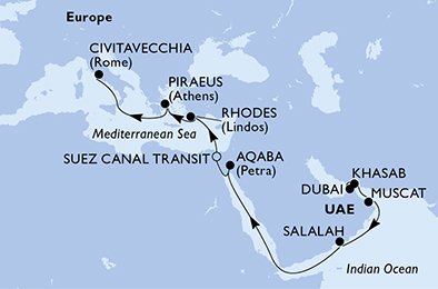 crociera msc UF74 itinerario della crociera in
emirati arabi uniti, oman, giordania, egitto, grecia, italia su MSC SPLENDIDA