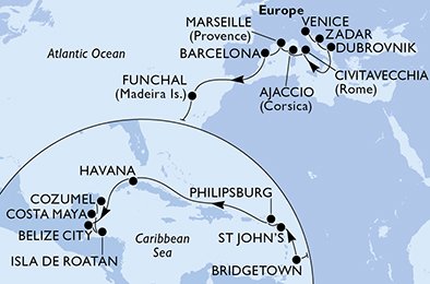crociera msc UF7E itinerario della crociera in
italia, croazia, francia, spagna, portogallo, barbados, antigua-barbuda, st. maarten, cuba, belize, honduras, messico su MSC OPERA