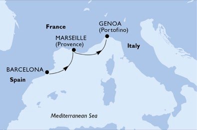 itinerario della crociera in 
							spagna, francia, italia su MSC VIRTUOSA