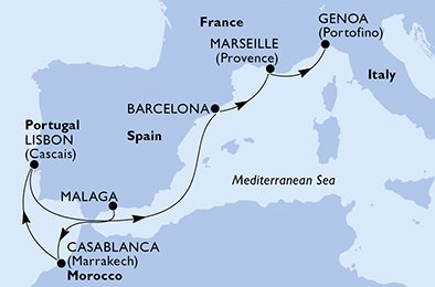 itinerario della crociera in 
							spagna, marocco, portogallo, francia, italia su MSC SPLENDIDA