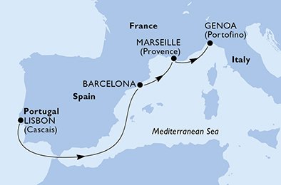 itinerario della crociera in 
							portogallo, spagna, francia, italia su MSC SPLENDIDA