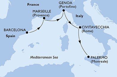 crociera msc UFBF itinerario della crociera in
spagna, francia, italia su MSC MERAVIGLIA