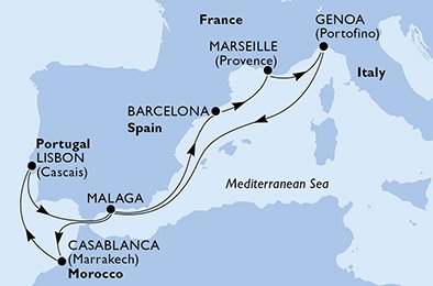 itinerario della crociera in 
							portogallo, spagna, francia, italia, marocco su MSC SPLENDIDA