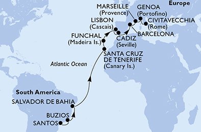 crociera msc UFD1 itinerario della crociera in
brasile, spagna, portogallo, francia, italia su MSC FANTASIA