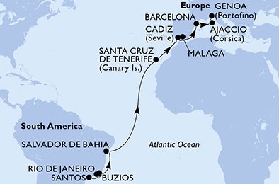 crociera msc UFDF itinerario della crociera in
brasile, spagna, francia, italia su MSC SEAVIEW