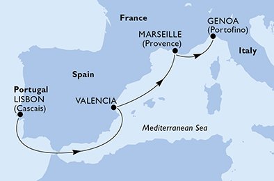 crociera msc UFFJ itinerario della crociera in
portogallo, spagna, francia, italia su MSC DIVINA