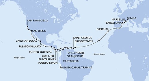 crociera msc UFFP itinerario della crociera in
italia, francia, spagna, portogallo, barbados, grenada, aruba, colombia, costa rica, panama, nicaragua, guatemala, messico, usa su MSC POESIA
