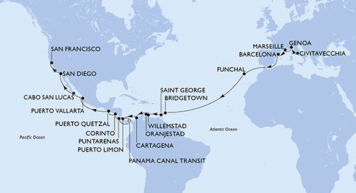 crociera msc UFFV itinerario della crociera in
italia, francia, spagna, portogallo, barbados, grenada, aruba, colombia, costa rica, panama, nicaragua, guatemala, messico, usa su MSC POESIA