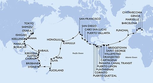 crociera msc UFFX itinerario della crociera in
italia, francia, spagna, portogallo, barbados, grenada, aruba, colombia, costa rica, panama, nicaragua, guatemala, messico, usa, samoa, isole figi, nuova zelanda, australia, papua nuova guinea, filippine, taiwan, giappone su MSC POESIA