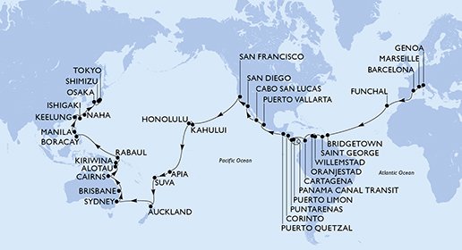 crociera msc UFG1 itinerario della crociera in
italia, francia, spagna, portogallo, barbados, grenada, aruba, colombia, costa rica, panama, nicaragua, guatemala, messico, usa, samoa, isole figi, nuova zelanda, australia, papua nuova guinea, filippine, taiwan, giappone su MSC POESIA