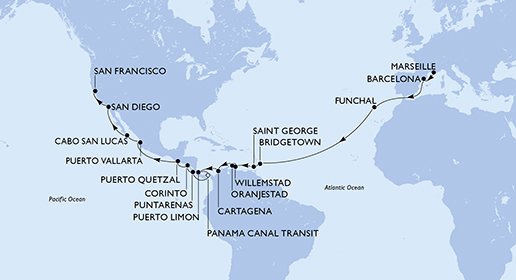 crociera msc UFG4 itinerario della crociera in
francia, spagna, portogallo, barbados, grenada, aruba, colombia, costa rica, panama, nicaragua, guatemala, messico, usa su MSC POESIA