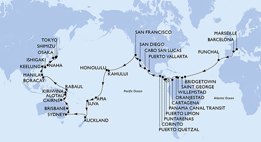 crociera msc UFG6 itinerario della crociera in
francia, spagna, portogallo, barbados, grenada, aruba, colombia, costa rica, panama, nicaragua, guatemala, messico, usa, samoa, isole figi, nuova zelanda, australia, papua nuova guinea, filippine, taiwan, giappone su MSC POESIA