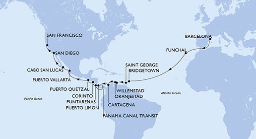 crociera msc UFG9 itinerario della crociera in
spagna, portogallo, barbados, grenada, aruba, colombia, costa rica, panama, nicaragua, guatemala, messico, usa su MSC POESIA
