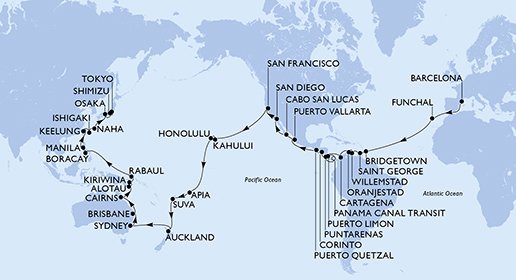 crociera msc UFGB itinerario della crociera in
spagna, portogallo, barbados, grenada, aruba, colombia, costa rica, panama, nicaragua, guatemala, messico, usa, samoa, isole figi, nuova zelanda, australia, papua nuova guinea, filippine, taiwan, giappone su MSC POESIA