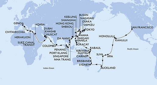 crociera msc UFGF itinerario della crociera in
usa, samoa, isole figi, nuova zelanda, australia, papua nuova guinea, filippine, taiwan, giappone, repubblica di corea, cina, hong kong, vietnam, singapore, malesia, sri lanka, emirati arabi uniti, oman, giordania, egitto, grecia, italia su MSC POESIA