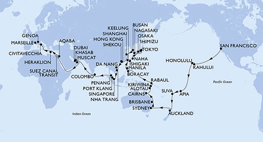 crociera msc UFGG itinerario della crociera in
usa, samoa, isole figi, nuova zelanda, australia, papua nuova guinea, filippine, taiwan, giappone, repubblica di corea, cina, hong kong, vietnam, singapore, malesia, sri lanka, emirati arabi uniti, oman, giordania, egitto, grecia, italia, francia su MSC POESIA