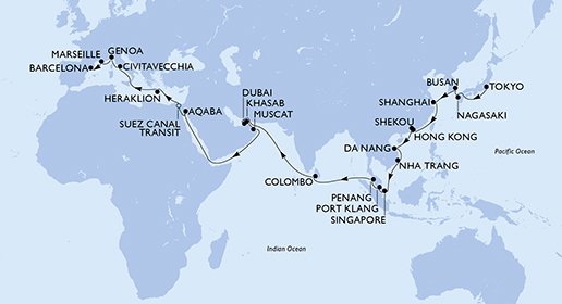 crociera msc UFGI itinerario della crociera in
giappone, repubblica di corea, cina, hong kong, vietnam, singapore, malesia, sri lanka, emirati arabi uniti, oman, giordania, egitto, grecia, italia, francia, spagna su MSC POESIA