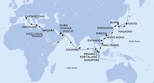 crociera msc UFGJ itinerario della crociera in
giappone, repubblica di corea, cina, hong kong, vietnam, singapore, malesia, sri lanka, emirati arabi uniti, oman, giordania, egitto, grecia, italia su MSC POESIA