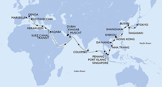 crociera msc UFGK itinerario della crociera in
giappone, repubblica di corea, cina, hong kong, vietnam, singapore, malesia, sri lanka, emirati arabi uniti, oman, giordania, egitto, grecia, italia, francia su MSC POESIA