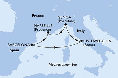 immagine dell´itinerario della crociera in italia, francia, spagna a bordo di 
											MSC POESIA con partenza da Civitavecchia il 20/12/20