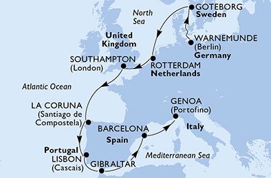 crociera msc UFJJ itinerario della crociera in
germania, svezia, olanda, regno unito, spagna, portogallo, gibilterra, italia su MSC POESIA