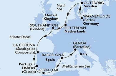 itinerario della crociera in 
							germania, svezia, olanda, regno unito, spagna, portogallo, gibilterra, italia su MSC POESIA