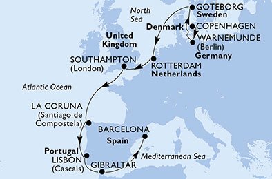 itinerario della crociera in 
							danimarca, germania, svezia, olanda, regno unito, spagna, portogallo, gibilterra su MSC POESIA