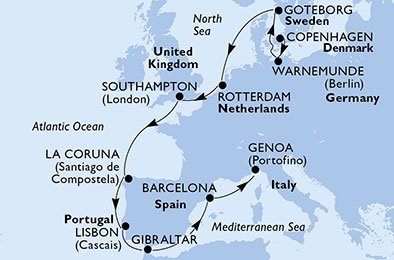 immagine dell´itinerario della crociera in danimarca, germania, svezia, olanda, regno unito, spagna, portogallo, gibilterra, italia a bordo di 
											MSC POESIA con partenza da Copenhagen il 09/09/20