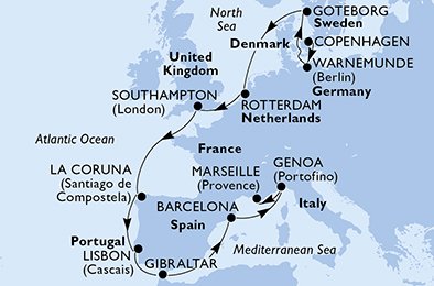 immagine itinerario della crociera in danimarca, germania, svezia, olanda, regno unito, spagna, portogallo, gibilterra, italia, francia a bordo di msc poesia