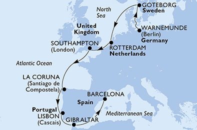 immagine itinerario della crociera in germania, svezia, olanda, regno unito, spagna, portogallo, gibilterra a bordo di msc poesia