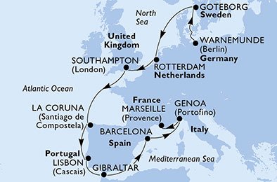 immagine dell´itinerario della crociera in germania, svezia, olanda, regno unito, spagna, portogallo, gibilterra, italia, francia a bordo di 
											MSC POESIA con partenza da Warnemunde il 10/09/20