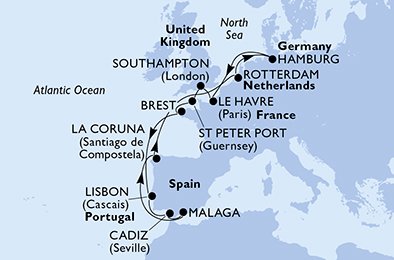 crociera msc UFJZ itinerario della crociera in
regno unito, francia, portogallo, spagna, olanda, germania su MSC PREZIOSA