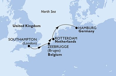 crociera msc UFK3 itinerario della crociera in
regno unito, belgio, olanda, germania su MSC PREZIOSA