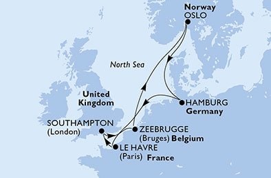 crociera msc UFKT itinerario della crociera in
regno unito, belgio, norvegia, germania, francia su MSC PREZIOSA