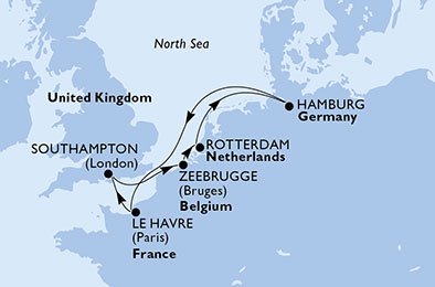 immagine dell´itinerario della crociera in germania, francia, regno unito, belgio, olanda a bordo di 
											MSC PREZIOSA con partenza da Amburgo il 04/10/20