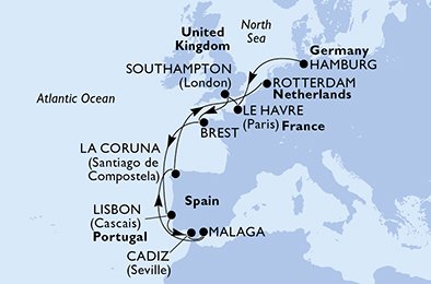 crociera msc UFL6 itinerario della crociera in
germania, francia, regno unito, portogallo, spagna, olanda su MSC PREZIOSA