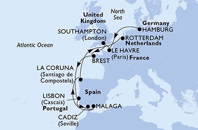 immagine dell´itinerario della crociera in germania, francia, regno unito, portogallo, spagna, olanda a bordo di 
											MSC PREZIOSA con partenza da Amburgo il 30/08/20