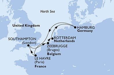 immagine dell´itinerario della crociera in olanda, germania, francia, regno unito, belgio a bordo di 
											MSC PREZIOSA con partenza da Rotterdam il 11/09/20